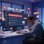 UK seller in a London TikTok Shop studio reviewing a rejected product listing on screen with TikTok UI icons around the workspace.