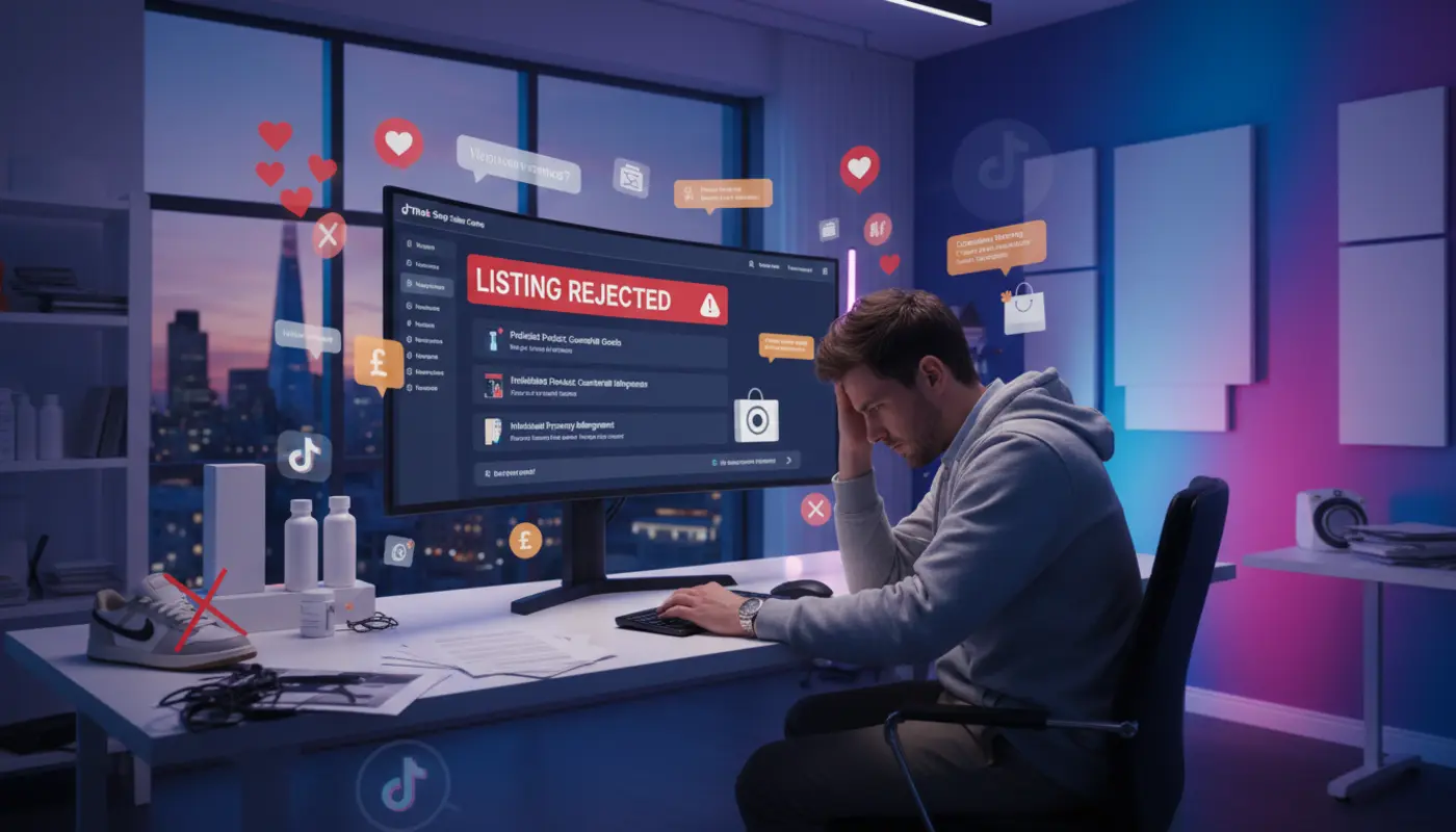 UK seller in a London TikTok Shop studio reviewing a rejected product listing on screen with TikTok UI icons around the workspace.