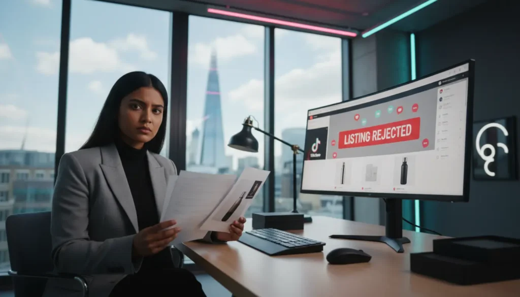 UK TikTok Shop seller reviewing a rejected listing on a studio screen with TikTok UI icons and the London skyline in the background.