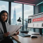 UK TikTok Shop seller reviewing a rejected listing on a studio screen with TikTok UI icons and the London skyline in the background.