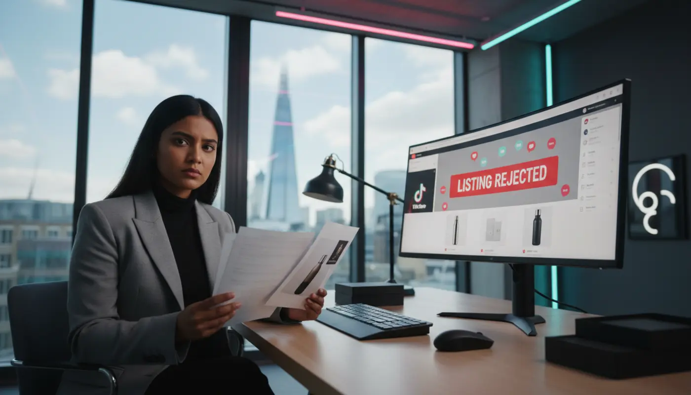 UK TikTok Shop seller reviewing a rejected listing on a studio screen with TikTok UI icons and the London skyline in the background.