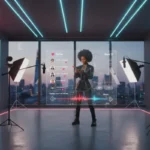 Modern TikTok studio in London with glowing UI elements hovering around a creator recording content.