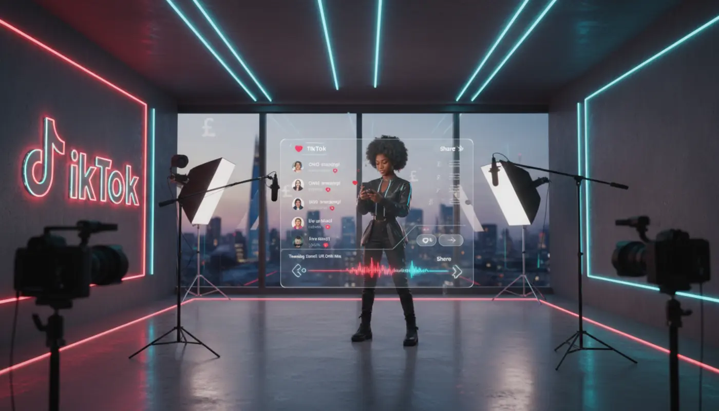 Modern TikTok studio in London with glowing UI elements hovering around a creator recording content.
