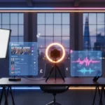 Modern UK TikTok studio with creator setup and floating TikTok UI elements against a soft-lit London backdrop.