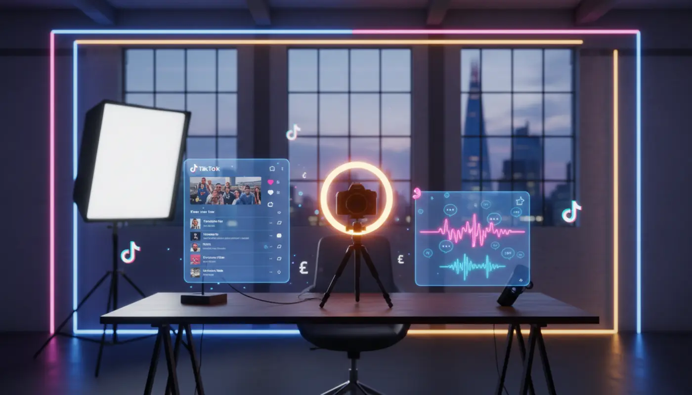 Modern UK TikTok studio with creator setup and floating TikTok UI elements against a soft-lit London backdrop.
