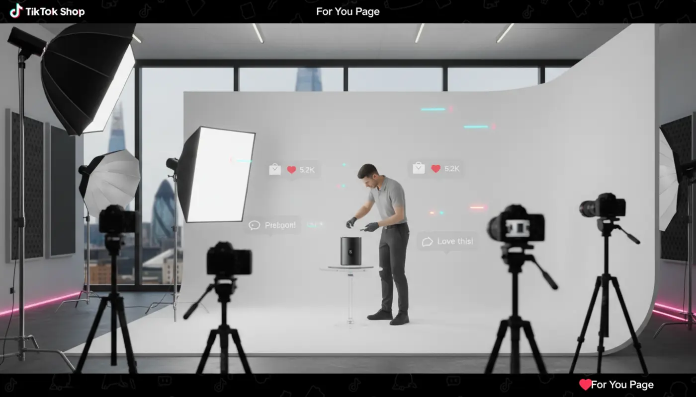 Modern London TikTok Shop studio with product on white set, pro lighting and TikTok UI icons highlighting product image rules.