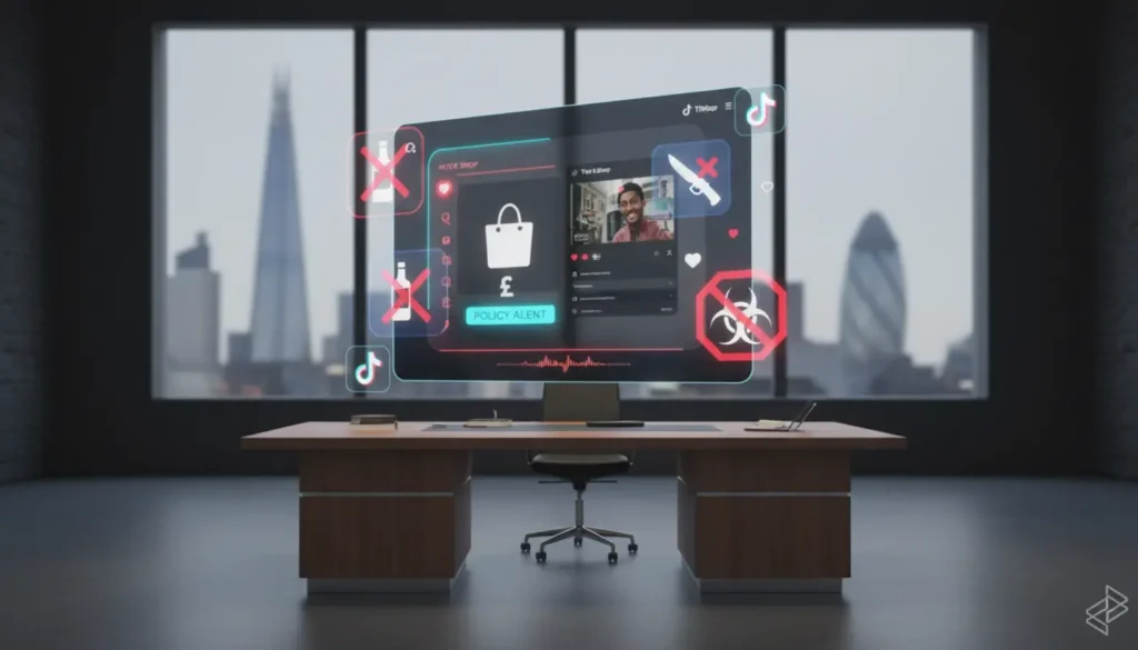 Cinematic TikTok Shop UK studio scene with policy alerts and prohibited product icons against a London backdrop.
