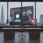 Cinematic TikTok Shop UK studio scene with policy alerts and prohibited product icons against a London backdrop.