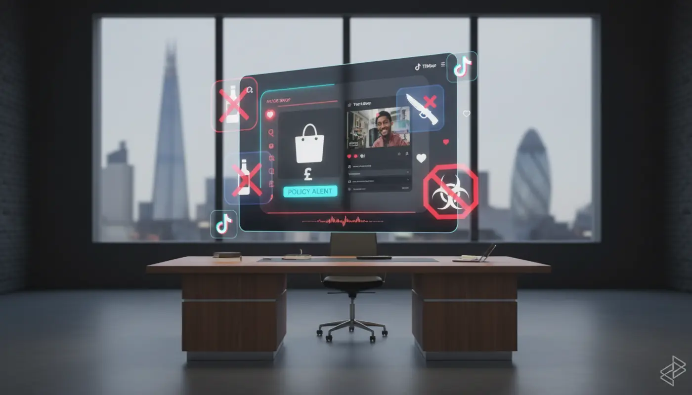 Cinematic TikTok Shop UK studio scene with policy alerts and prohibited product icons against a London backdrop.