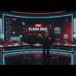 UK TikTok Shop studio with festive Black Friday and Christmas visuals, LIVE UI elements and London skyline in the background.