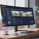 A London studio workspace showing a TikTok Shop Seller Centre dashboard with bright TikTok UI elements overlayed for UK sellers.
