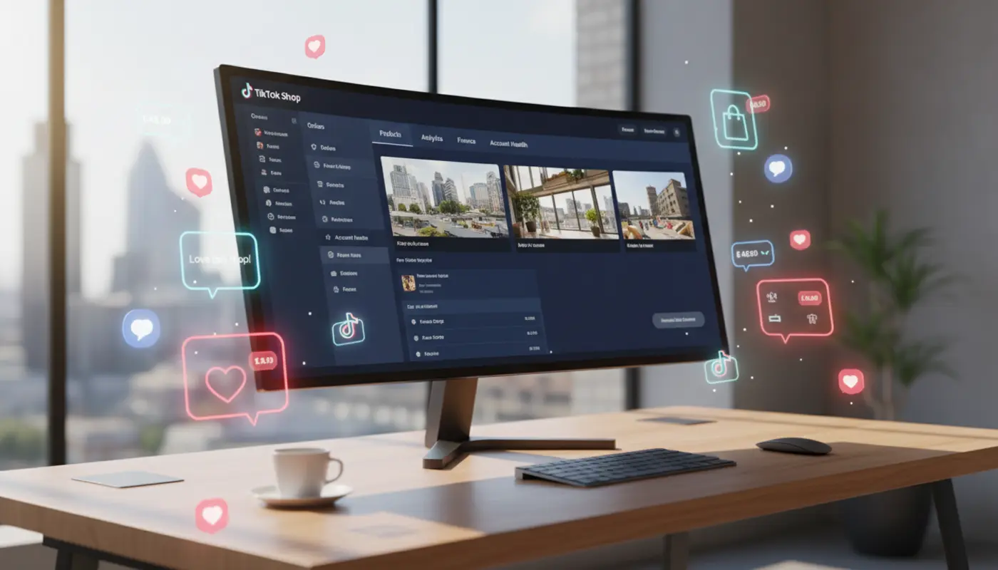 A London studio workspace showing a TikTok Shop Seller Centre dashboard with bright TikTok UI elements overlayed for UK sellers.