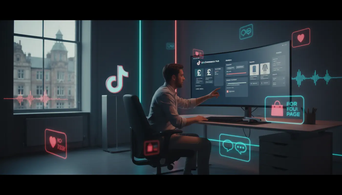 Modern UK studio setup with TikTok Shop screens and British creator workspace themed around launching a Bradford TikTok Shop.