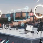 Modern TikTok Shop studio in Bristol with ecommerce setup tools and TikTok UI icons over a bright Bristol skyline.