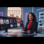 UK creator setting up TikTok Shop in a modern Nottingham studio with TikTok UI on screens and bright cinematic lighting.