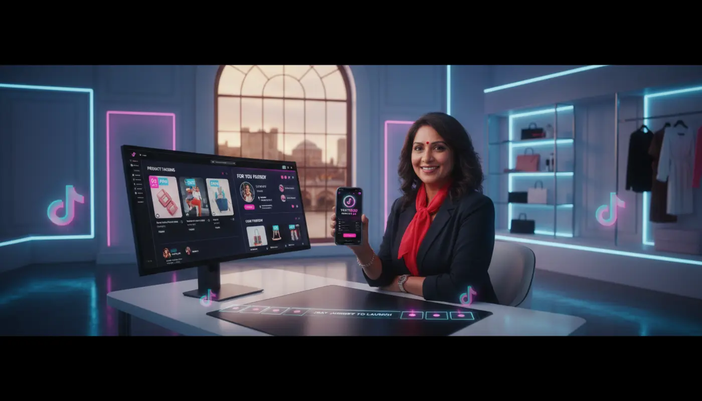 UK creator setting up TikTok Shop in a modern Nottingham studio with TikTok UI on screens and bright cinematic lighting.