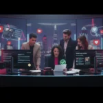 UK creators in a modern TikTok Shop studio reviewing eligibility with floating TikTok UI icons and a subtle London skyline backdrop.