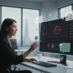 UK TikTok Shop seller in a bright London studio reviewing an under‑review dashboard with TikTok UI elements visible.