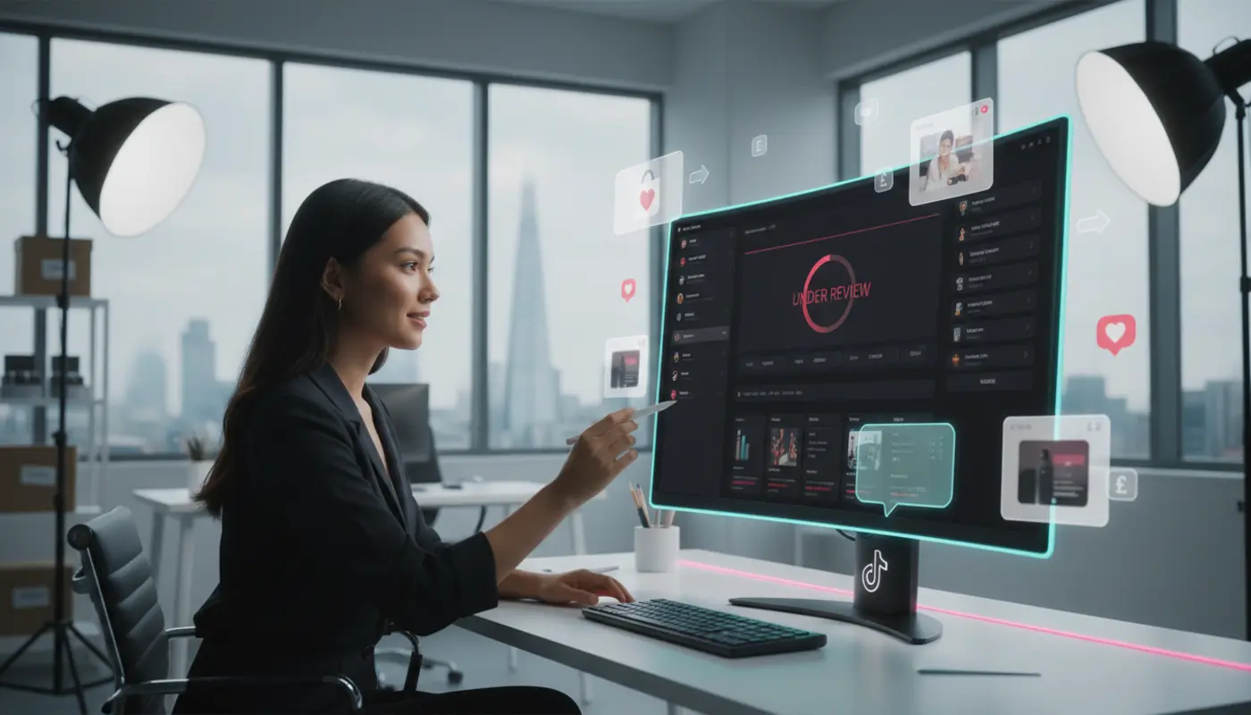 UK TikTok Shop seller in a bright London studio reviewing an under‑review dashboard with TikTok UI elements visible.