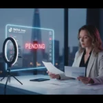 UK TikTok Shop seller reviewing documents in a bright London studio with a verification screen showing pending status.