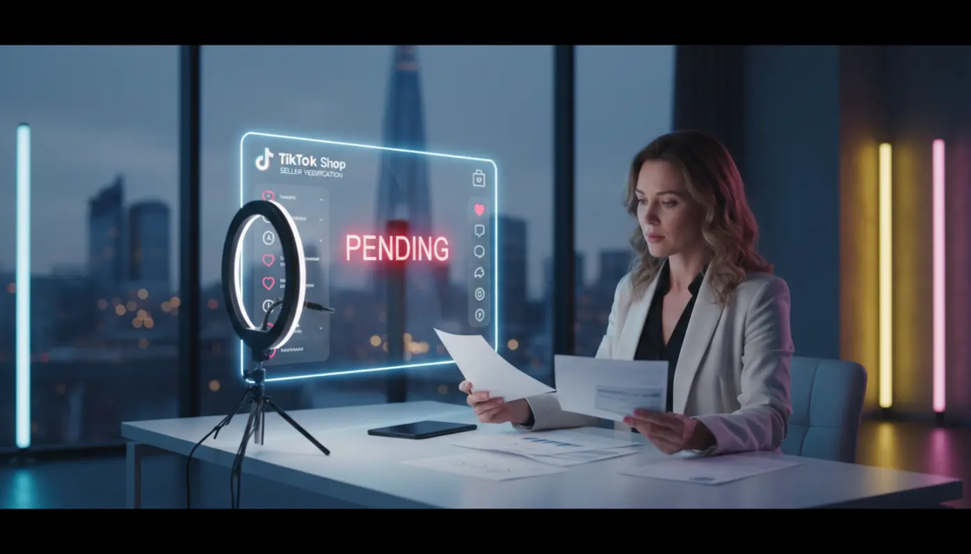 UK TikTok Shop seller reviewing documents in a bright London studio with a verification screen showing pending status.