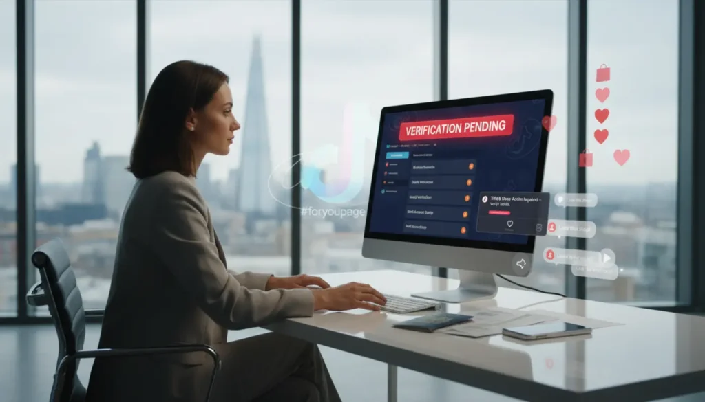 UK seller in a London studio checking TikTok Shop verification status on screen with TikTok UI elements and documents nearby.