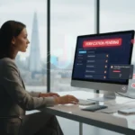 UK seller in a London studio checking TikTok Shop verification status on screen with TikTok UI elements and documents nearby.