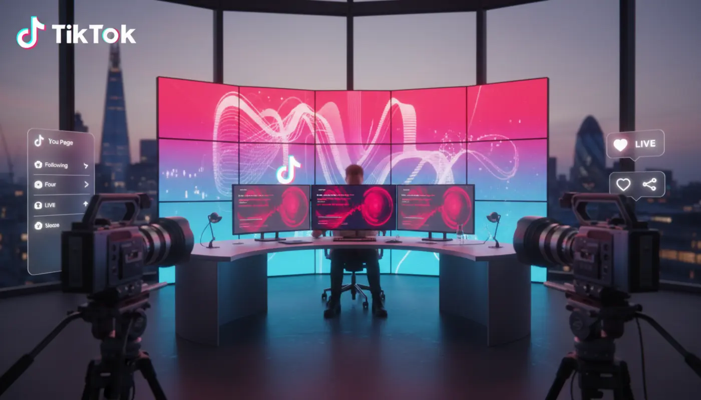 Bright UK TikTok studio with London skyline and floating TikTok UI elements in a sleek professional layout.