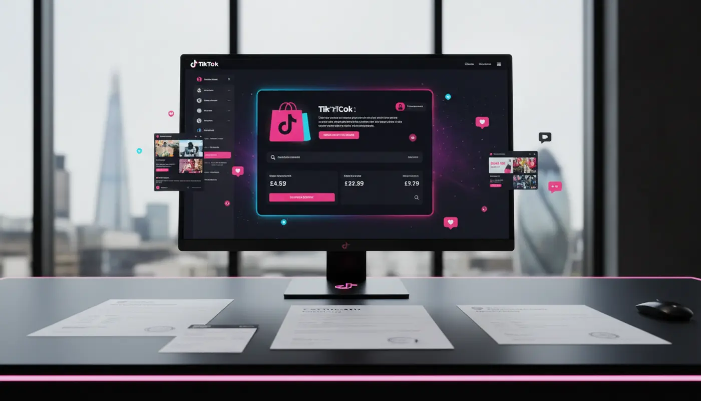 Modern UK studio scene with TikTok Shop registration screen and company documents for limited company setup.