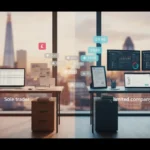 Cinematic UK TikTok Shop studio showing side-by-side sole trader and limited company setups with TikTok UI elements and London skyline.