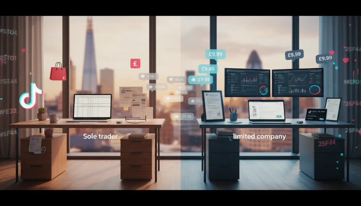 Cinematic UK TikTok Shop studio showing side-by-side sole trader and limited company setups with TikTok UI elements and London skyline.