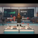 Professional TikTok Shop live studio in Bradford with host presenting products and floating TikTok UI elements in a bright UK setting.