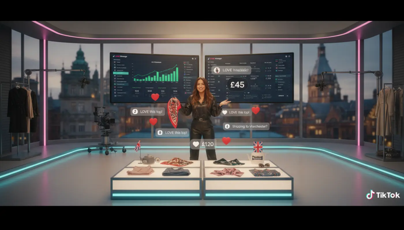 Professional TikTok Shop live studio in Bradford with host presenting products and floating TikTok UI elements in a bright UK setting.