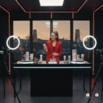 High-end TikTok Live studio in Bristol with host presenting products and TikTok UI overlays in a vibrant commercial setup.