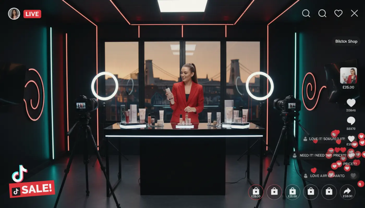High-end TikTok Live studio in Bristol with host presenting products and TikTok UI overlays in a vibrant commercial setup.