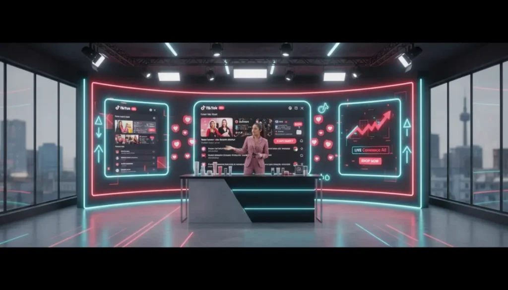 Modern TikTok Live studio in Leeds with host presenting products and TikTok Shop UI elements visible on vibrant screens.