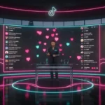 Professional UK TikTok Live studio with host selling products and TikTok Shop UI elements glowing in vibrant neon colours.