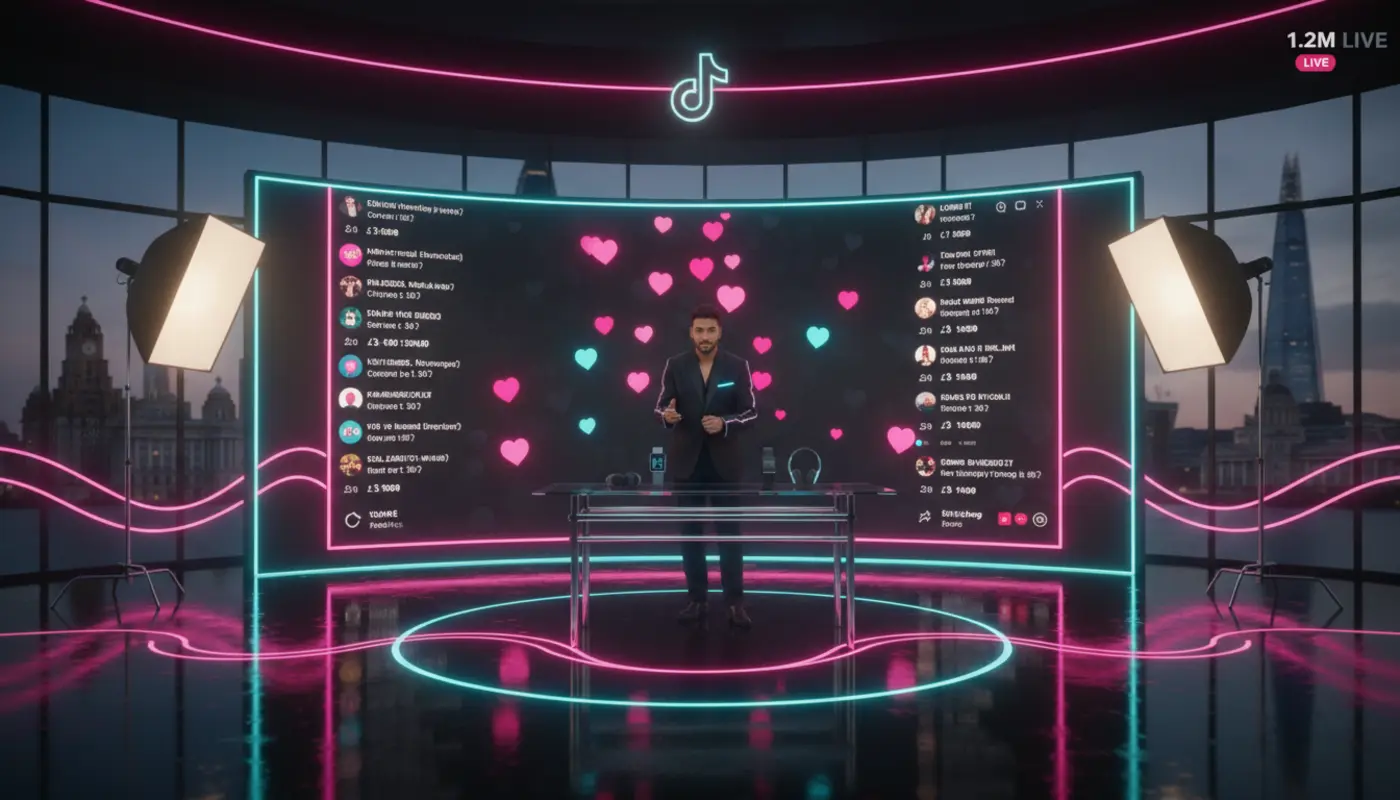 Professional UK TikTok Live studio with host selling products and TikTok Shop UI elements glowing in vibrant neon colours.