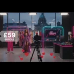 Professional TikTok Shop live studio in Nottingham with a host presenting fashion bundles and dynamic TikTok UI overlays.