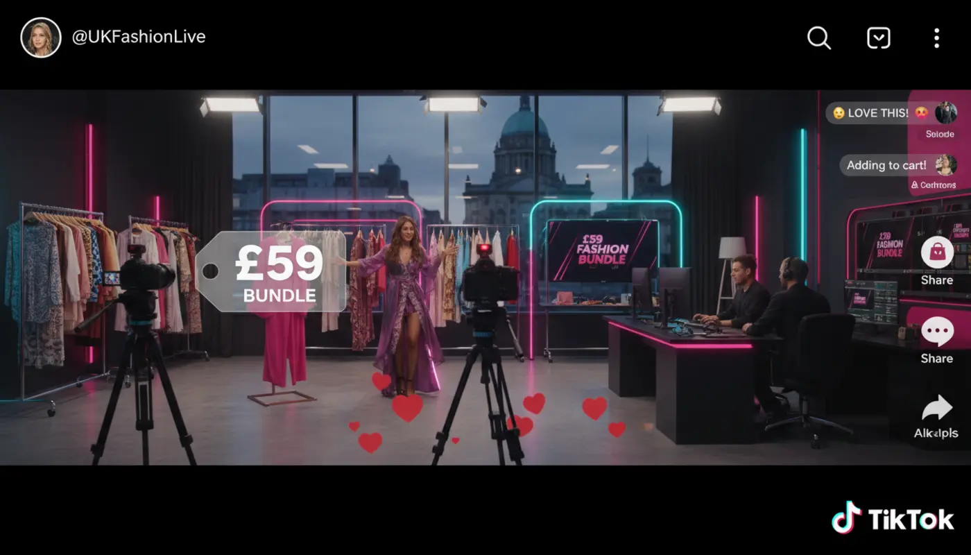 Professional TikTok Shop live studio in Nottingham with a host presenting fashion bundles and dynamic TikTok UI overlays.