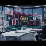 Creator in a UK TikTok Shop studio reviewing Video Shopping Ads with floating TikTok UI elements and London skyline in the background.