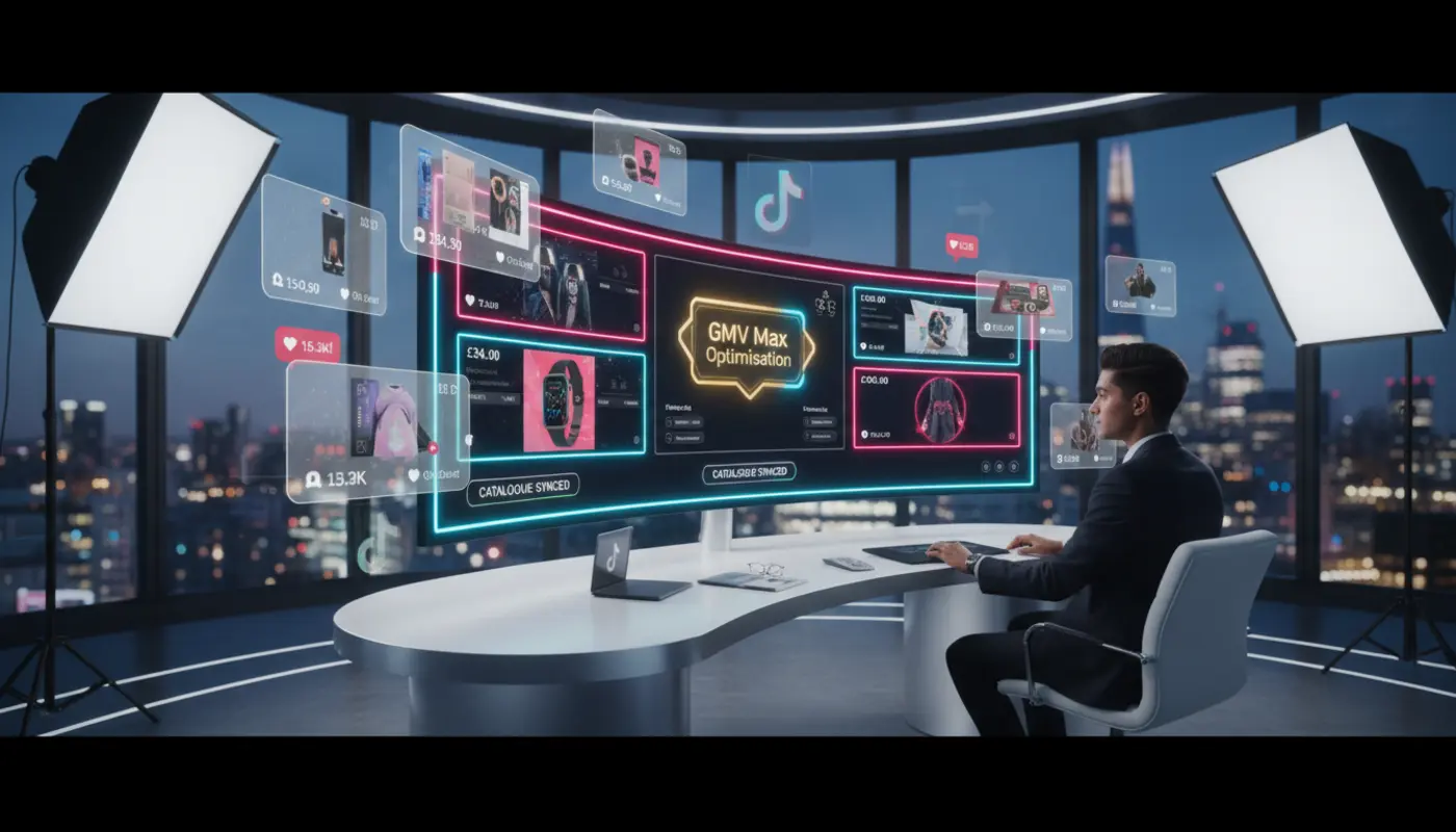 Creator in a UK TikTok Shop studio reviewing Video Shopping Ads with floating TikTok UI elements and London skyline in the background.