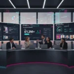 Modern UK TikTok Shop studio with London skyline and holographic TikTok UI showing GMV and performance metrics.