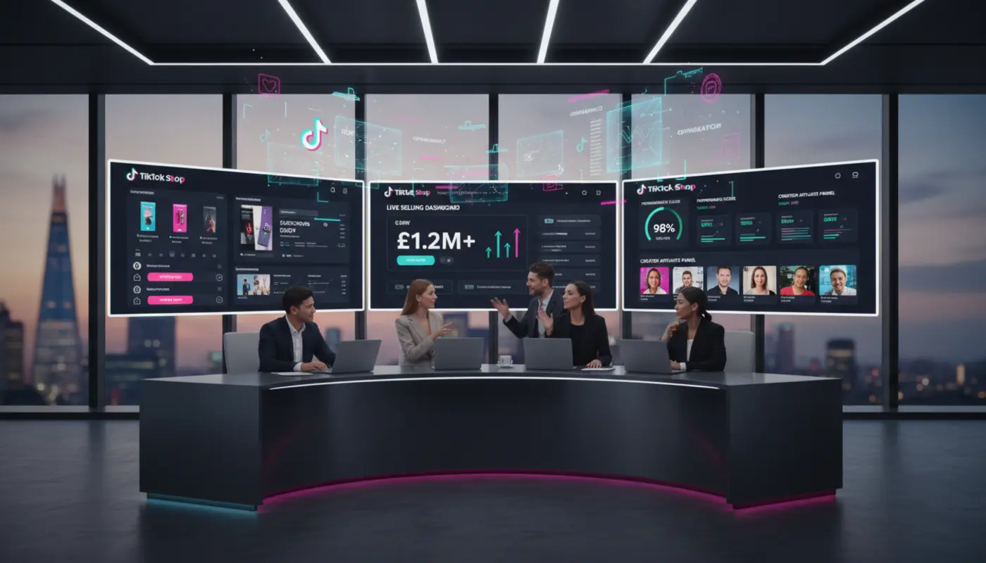 Modern UK TikTok Shop studio with London skyline and holographic TikTok UI showing GMV and performance metrics.