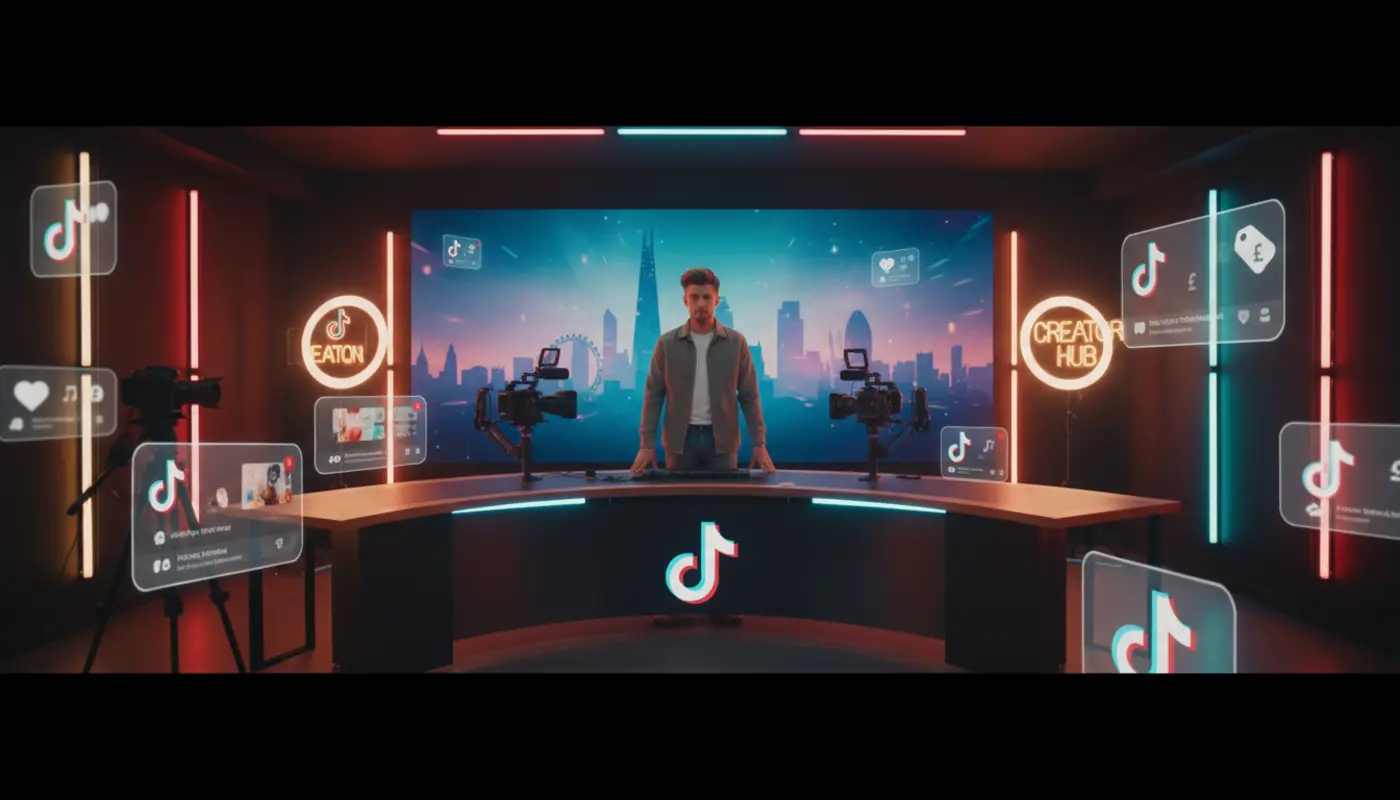 UK TikTok studio scene with creator filming amid floating TikTok UI elements and soft neon lighting.
