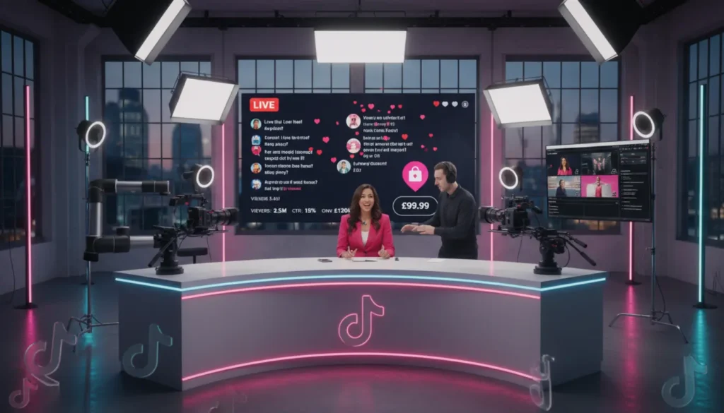 Professional UK TikTok Shop LIVE studio with presenters, analytics screens and floating TikTok UI elements.