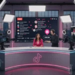 Professional UK TikTok Shop LIVE studio with presenters, analytics screens and floating TikTok UI elements.