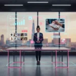 British seller analysing TikTok Shop metrics on a holographic dashboard in a UK studio with TikTok UI elements and London skyline.