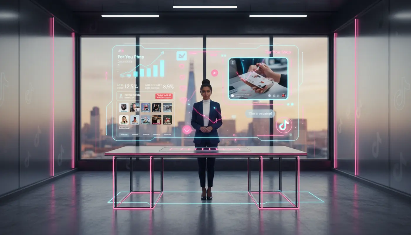 British seller analysing TikTok Shop metrics on a holographic dashboard in a UK studio with TikTok UI elements and London skyline.
