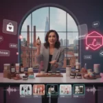 Bradford TikTok Shop seller presenting products in a UK studio with TikTok shopping icons and vibrant neon branding.
